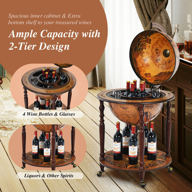 Vintage Globe Wine Bar Stand with Wheels