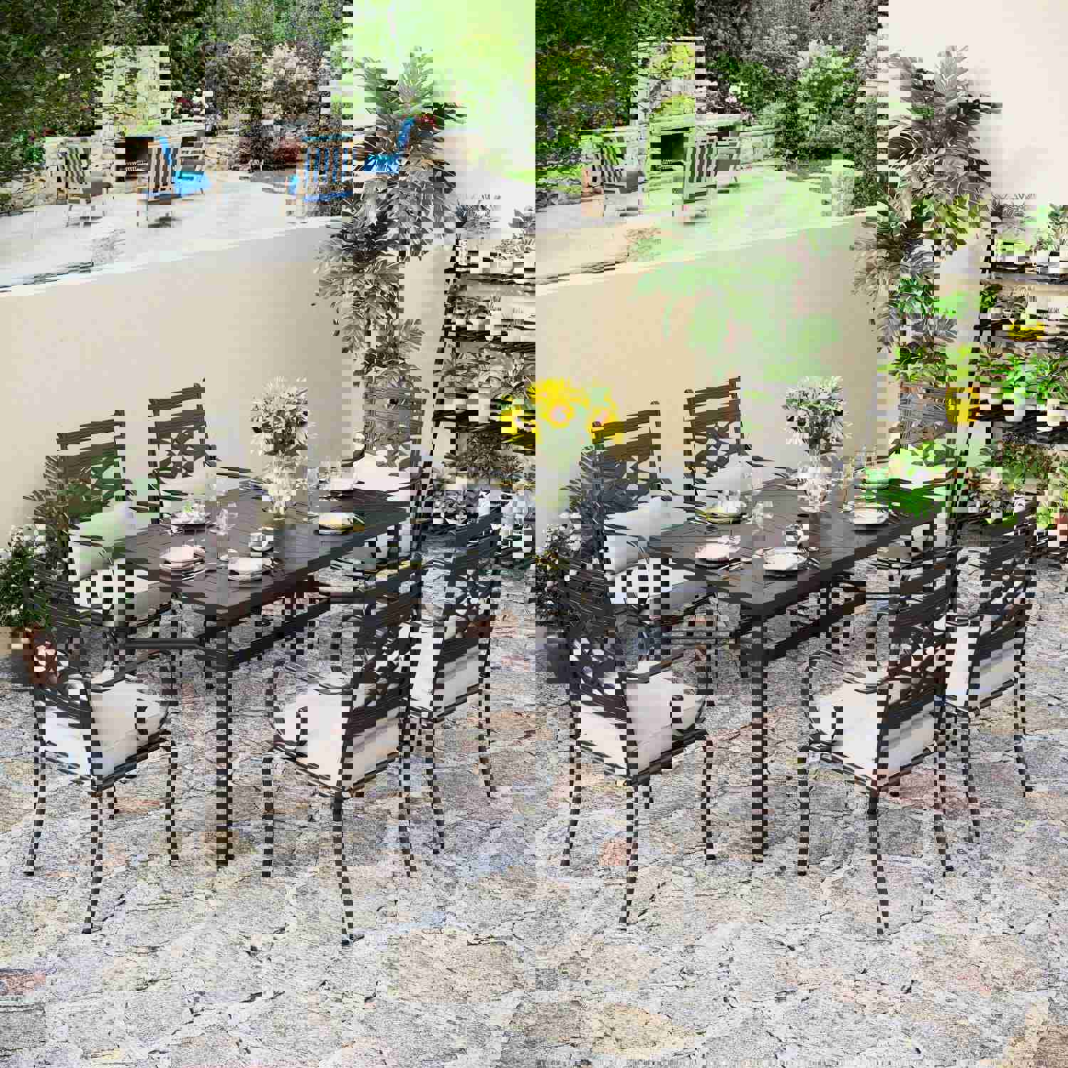 PHI VILLA 7-Piece Outdoor Dining Set with Metal Steel Chairs and Rectangle Table