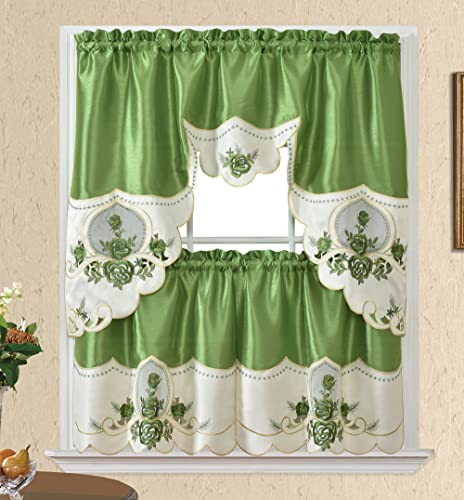 Elegant Green Rose Melody Kitchen Curtain Set with Embroidered Details