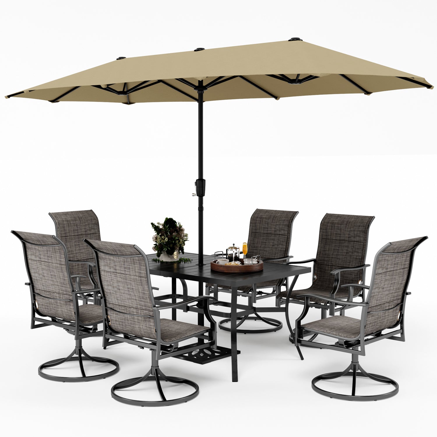 PHI VILLA 8-Piece Outdoor Dining Set with 13ft Umbrella, Rectangle Steel Table, Swivel Textilene Wave Arm Chairs