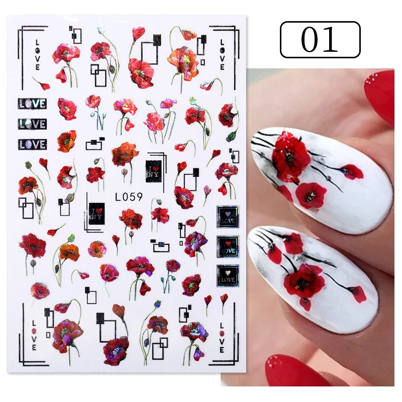 Glamorous 3D Nail Sticker Set, Red Flowers & Colorful Butterfly Leaf Pattern