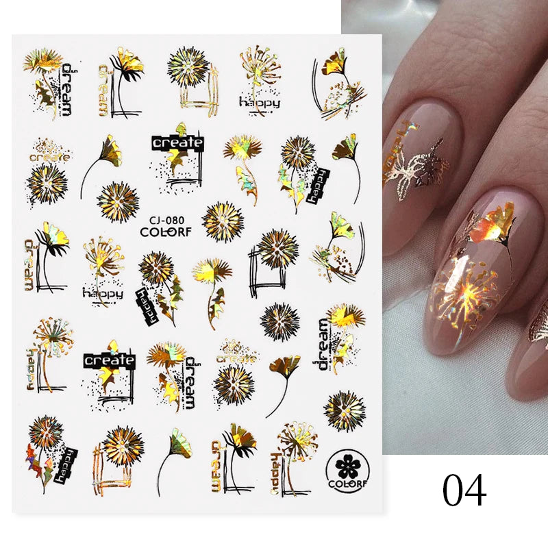 Glamorous 3D Nail Sticker Set, Red Flowers & Colorful Butterfly Leaf Pattern