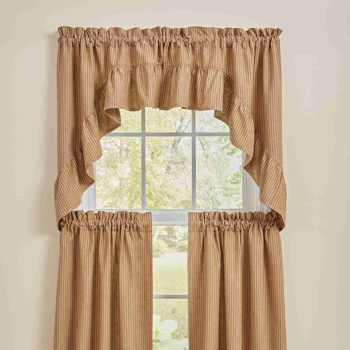 Sturbridge Ticking Ruffle Swag - Elegant Wine & Tan Window Treatment