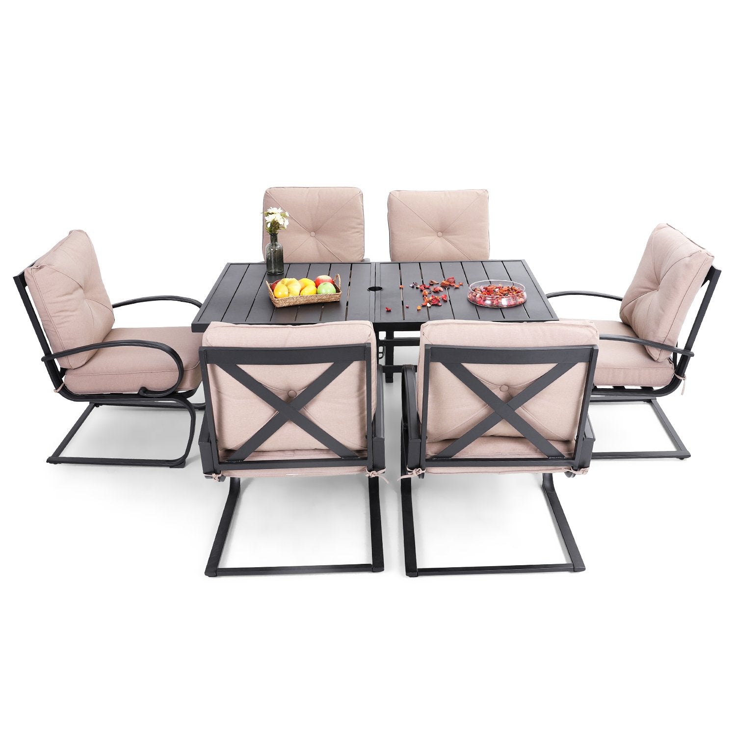 PHI VILLA 7-Piece Outdoor Dining Set with Durable Steel Table and Comfortable C-Spring Chairs