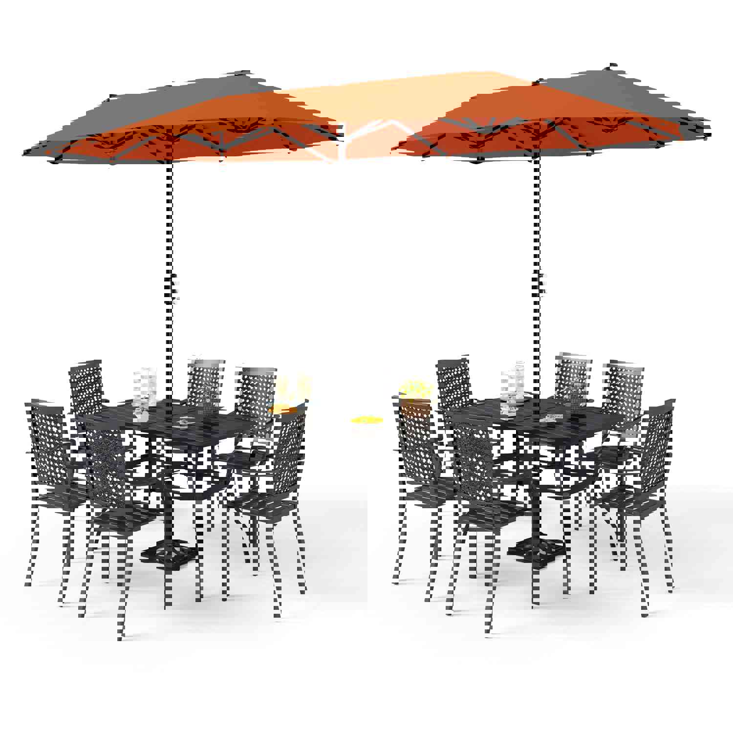 PHI VILLA 8-Piece Outdoor Dining Set with 13ft Umbrella, Metal Table & Chairs
