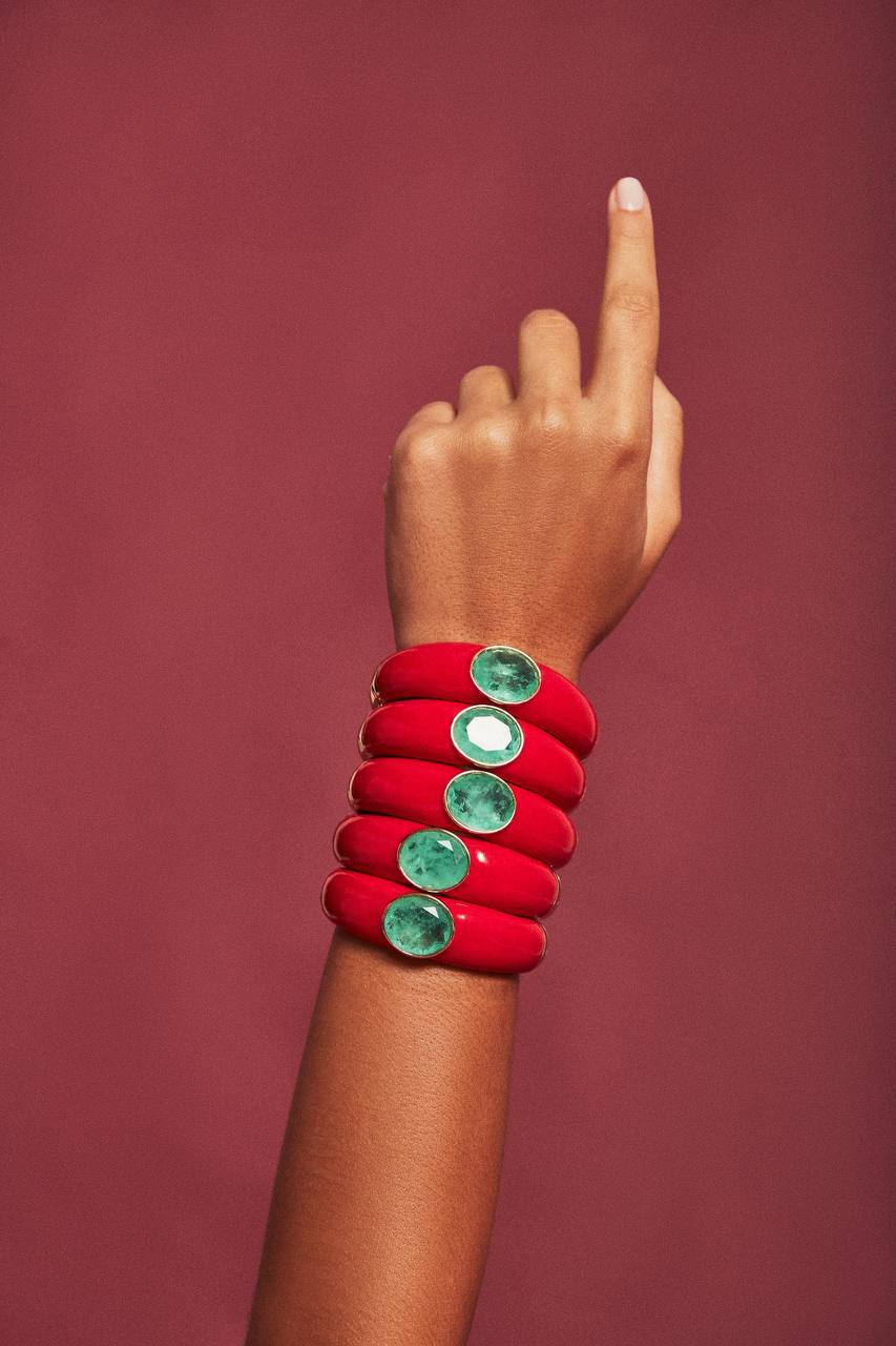 Italian Red Enamel Paraiba Stone 18K Gold Plated Bangle