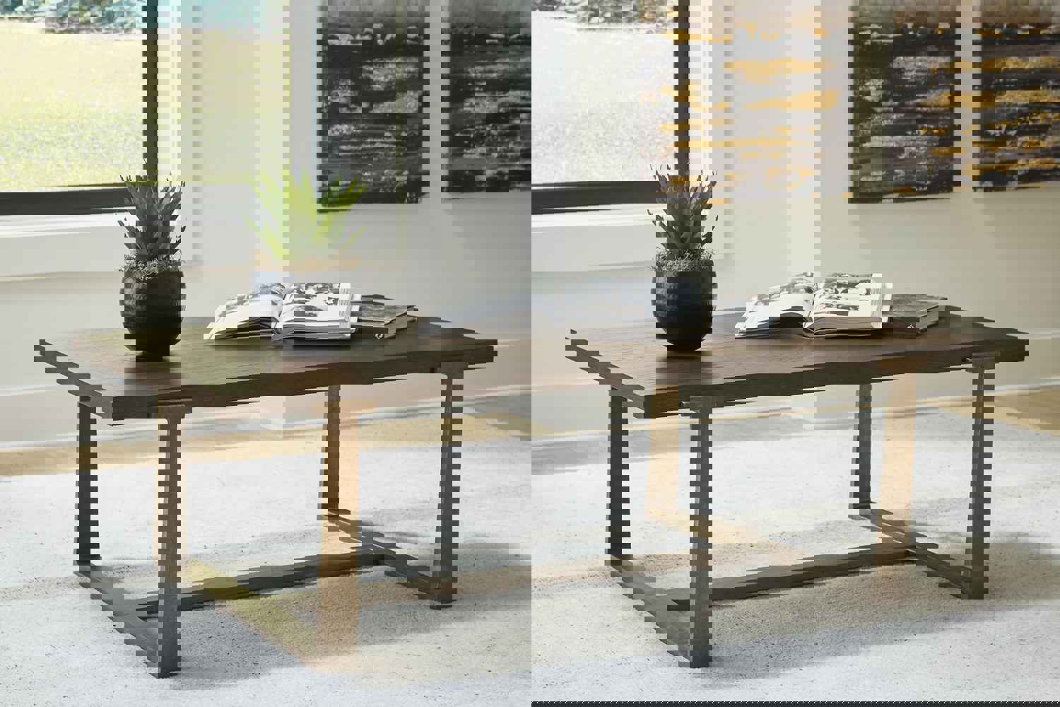 Modern Oak Veneer Cocktail Table with Antiqued Goldtone Base