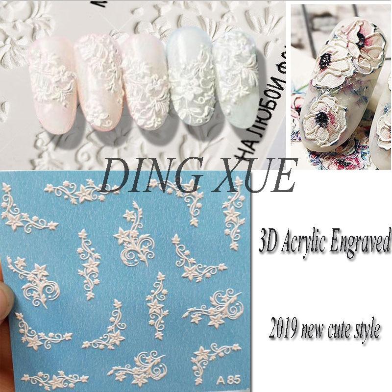 1pc 3D Acrylic Engraved Nail Sticker - White & Pink Flower Water Decals