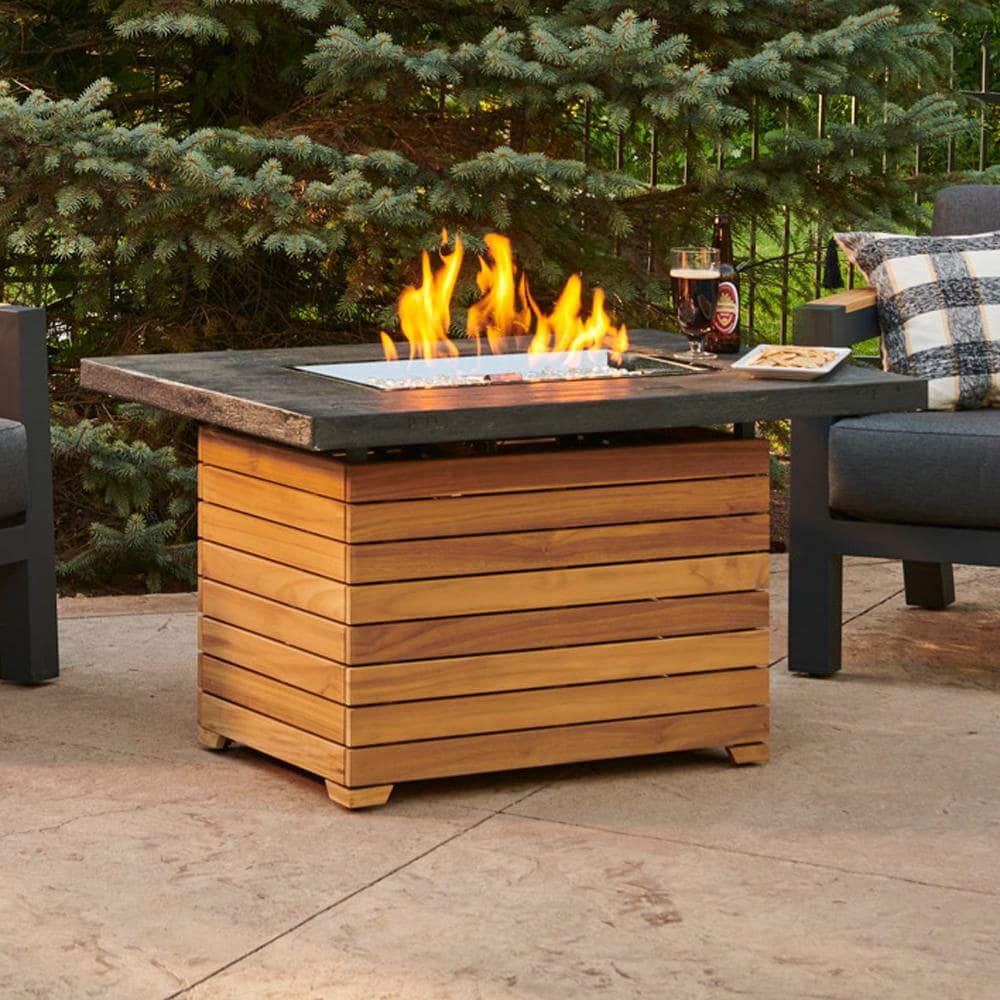 Darien Rectangular Gas Fire Pit Table with Grade-A Teak and Everblend Concrete