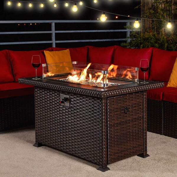 8-Piece Outdoor Sectional Sofa Set with 44" Propane Gas Fire Pit, Brown Rattan, Red Cushions & Coffee Table