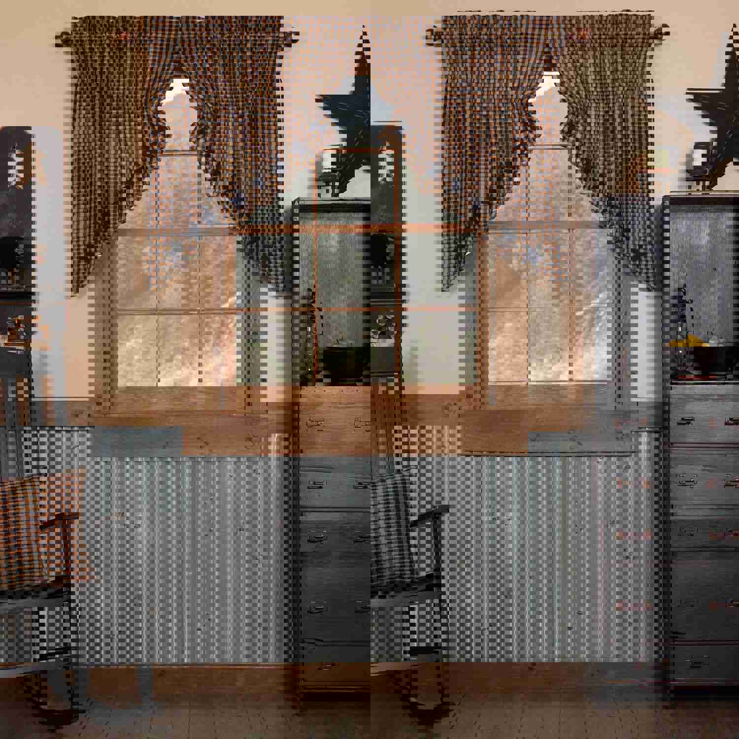 Navy Star Scalloped Lined Prairie Swag Curtains