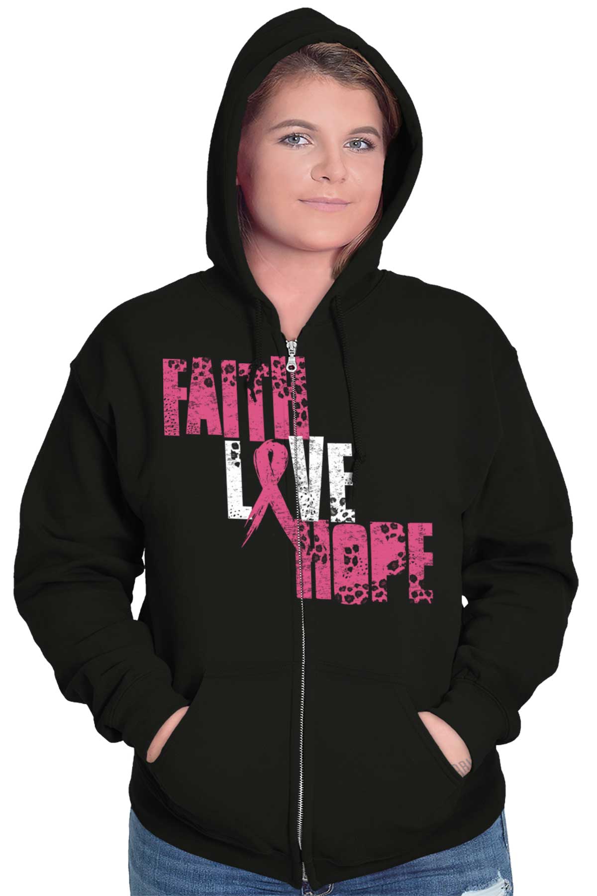 Support Breast Cancer Awareness with Pink Faith Love Hope Zip Hoodie