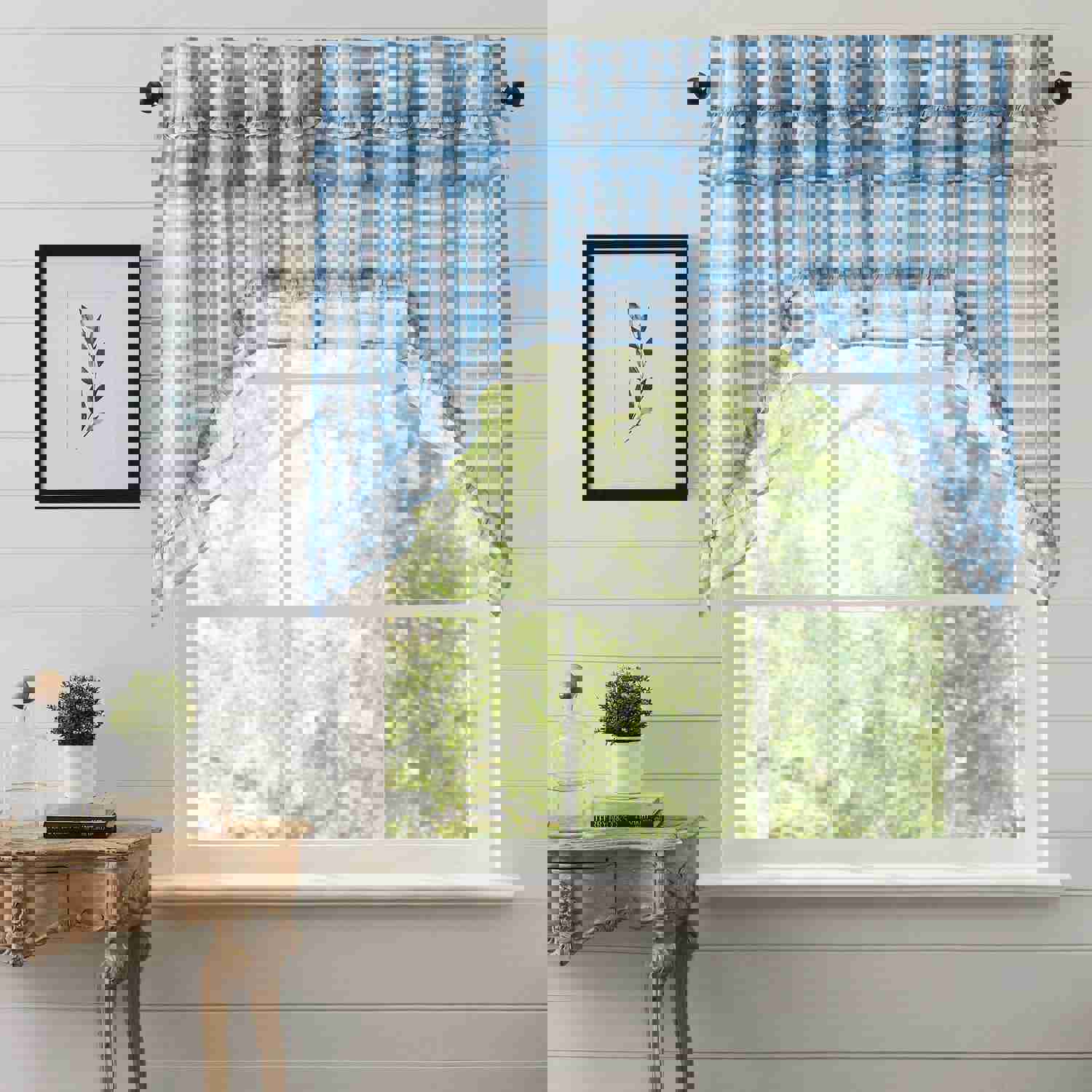 Elegant Buffalo Blue Check Ruffled Swag Curtains Set of 2