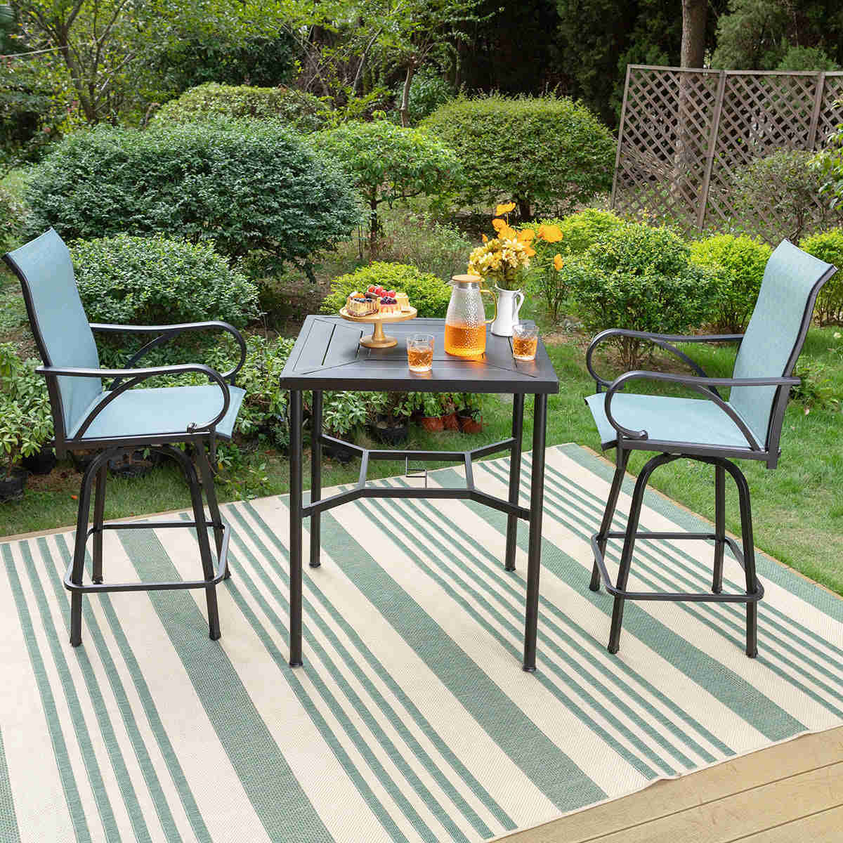 PHI VILLA Outdoor Bar Stool Set with Steel Table & Swivel Textilene Stools