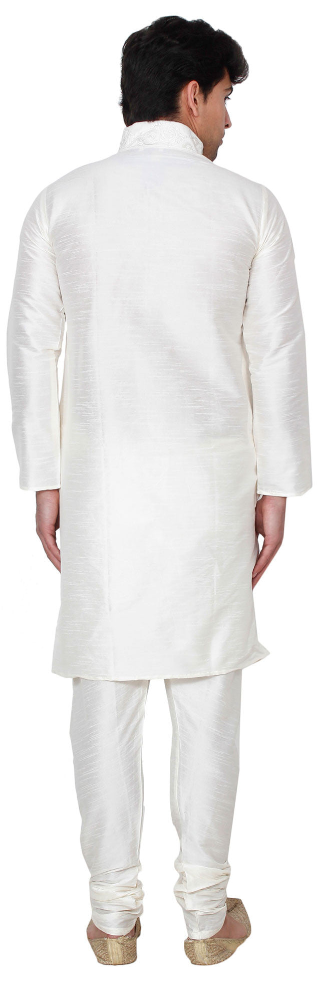 Elegant Silk Embroidered Men's Kurta Pajama - Off-White
