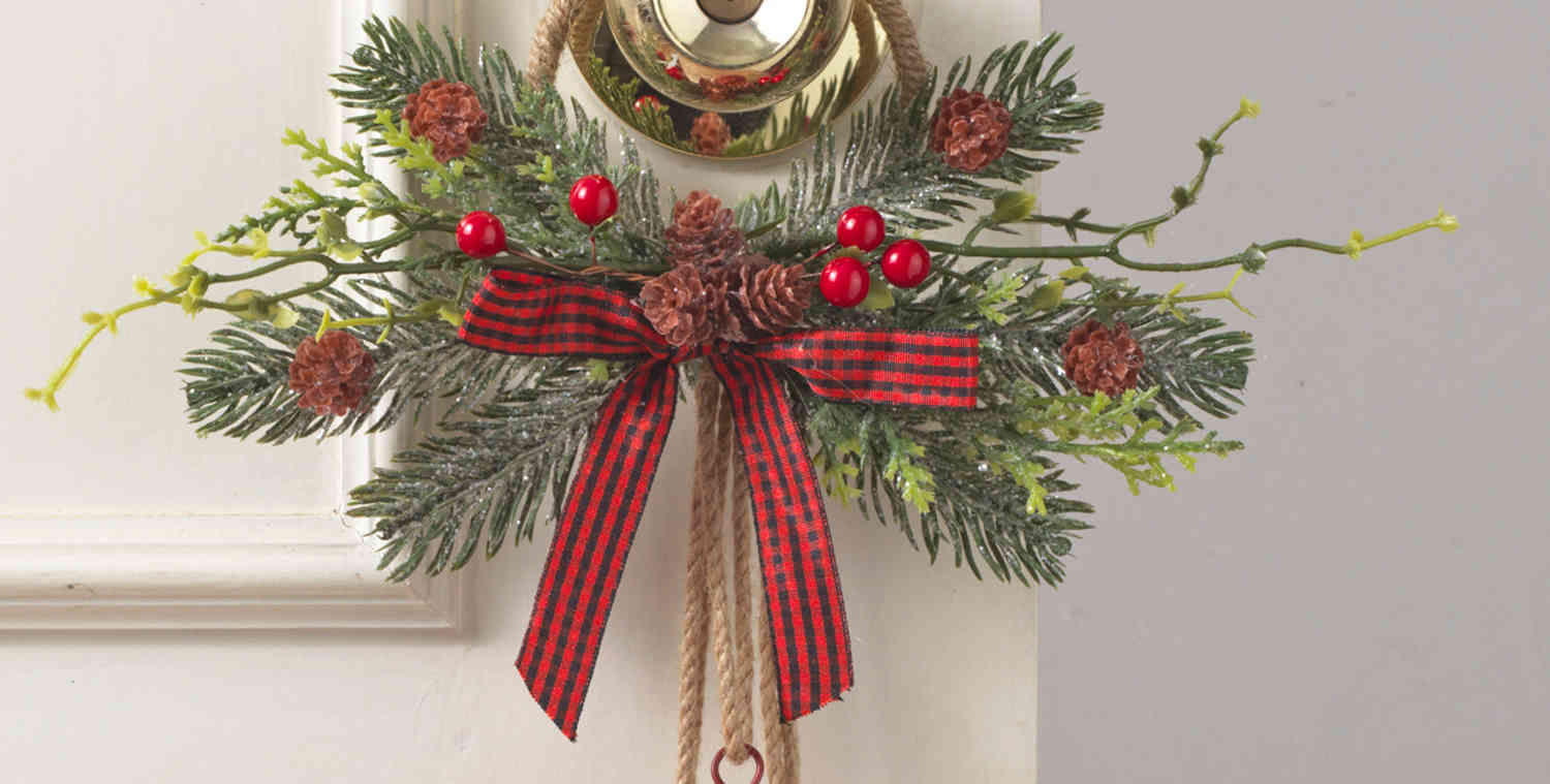 Glittery Christmas Bells Door Hanger Swag with Red Jingle Bells