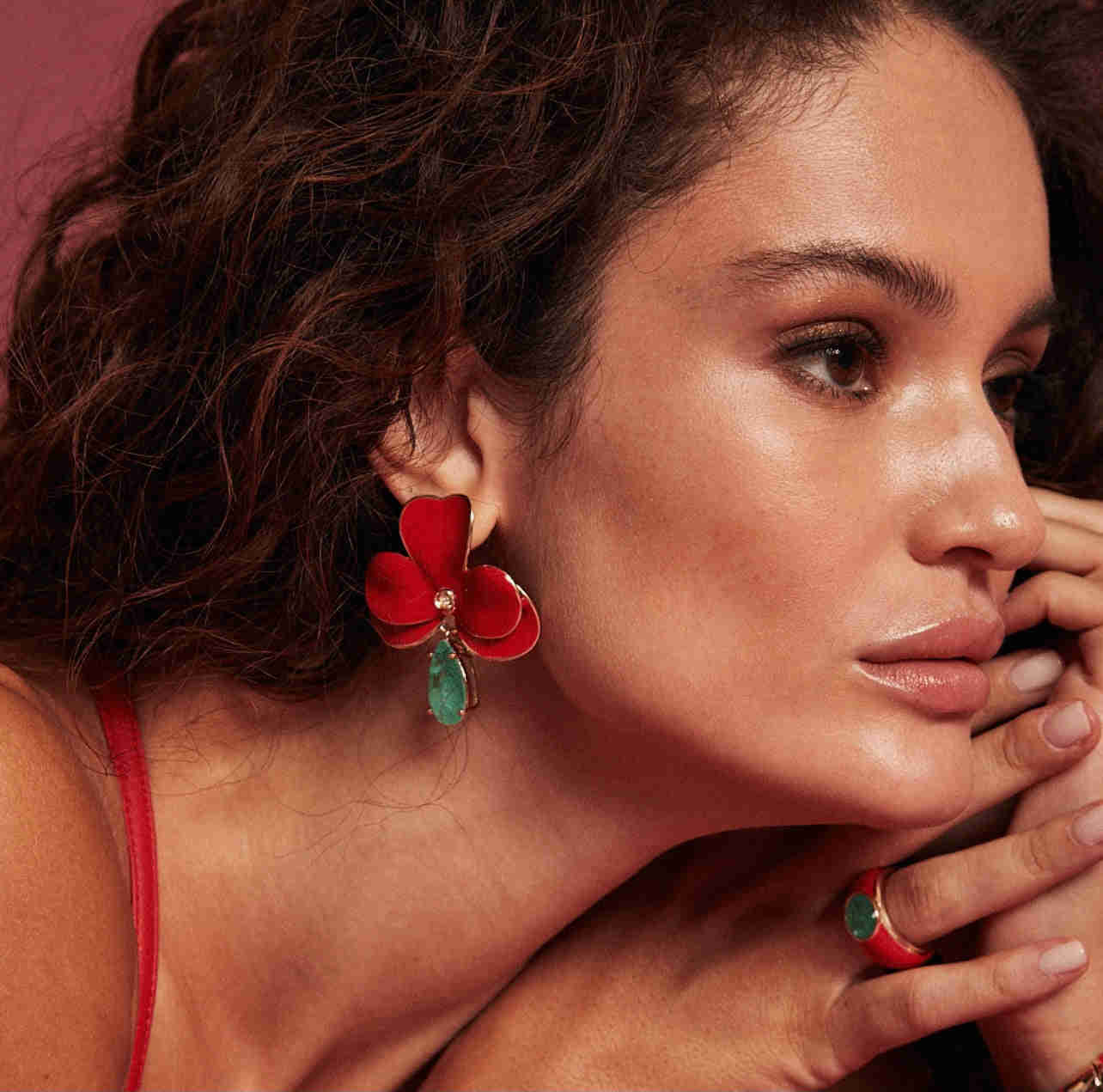 Exquisite 18K Gold-Plated Red Orchid Earrings with Paraiba Tourmaline Drops