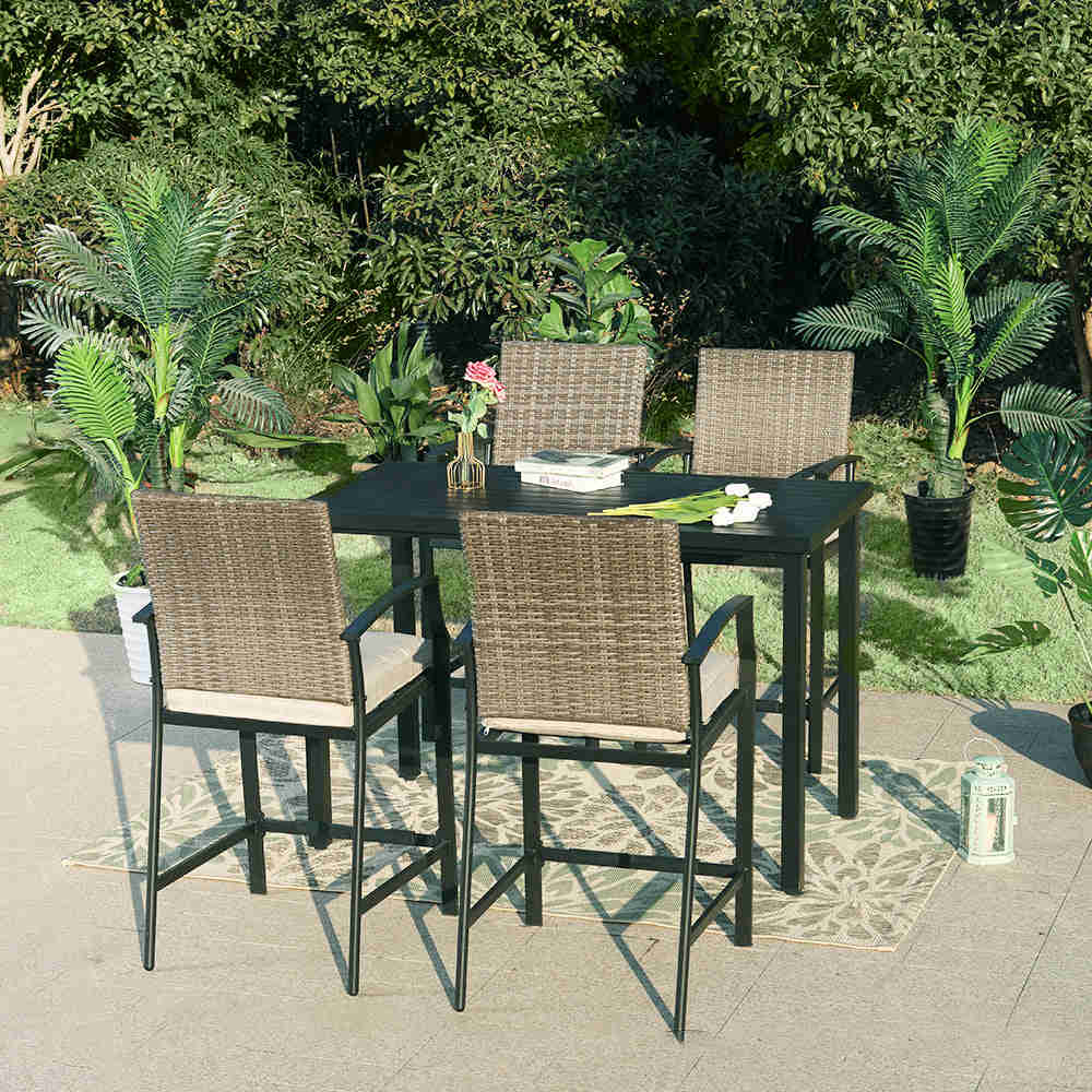 Alfresco Elegance Outdoor Bar Stool Set with Cushioned Seats and Rustic High Table