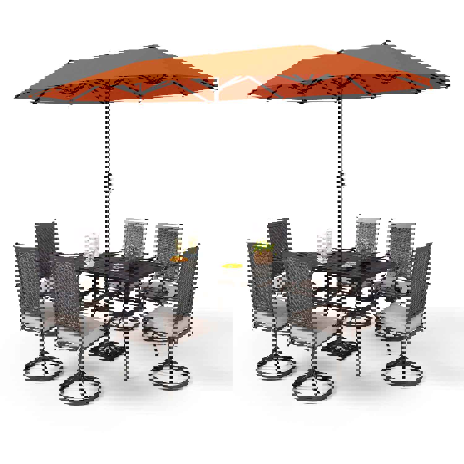 PHI VILLA 8-Piece Outdoor Dining Set with Cushioned Swivel Chairs and 13ft Umbrella