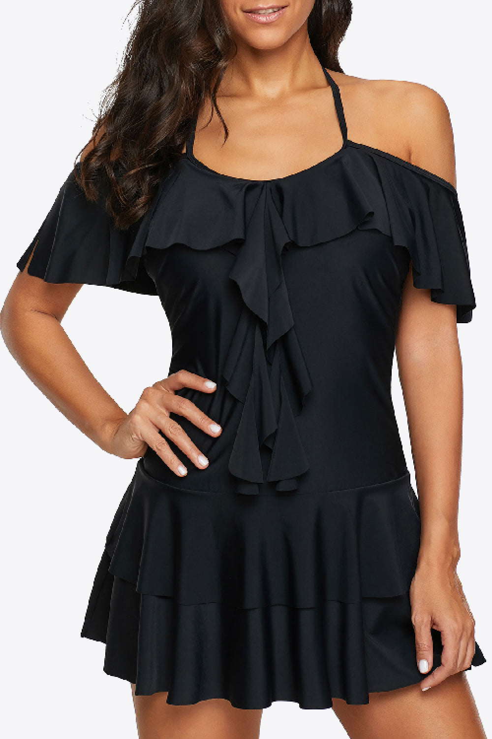Stylish Ruffled Cold-Shoulder Swimsuit in Black