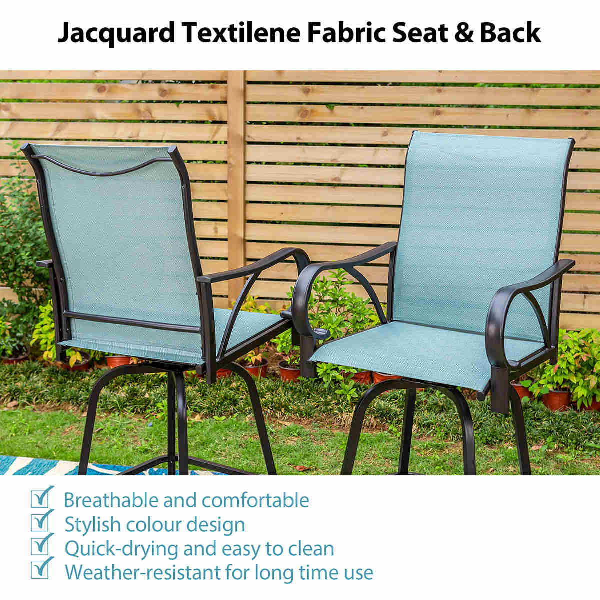 PHI VILLA Outdoor Bar Stool Set with Steel Table & Swivel Textilene Stools