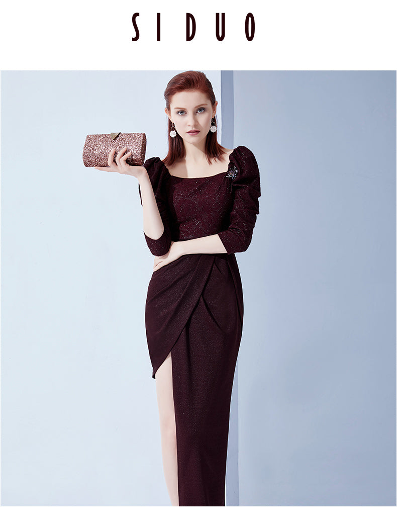 Elegant Vintage Wine Red Slit Evening Dress with Customizable Options