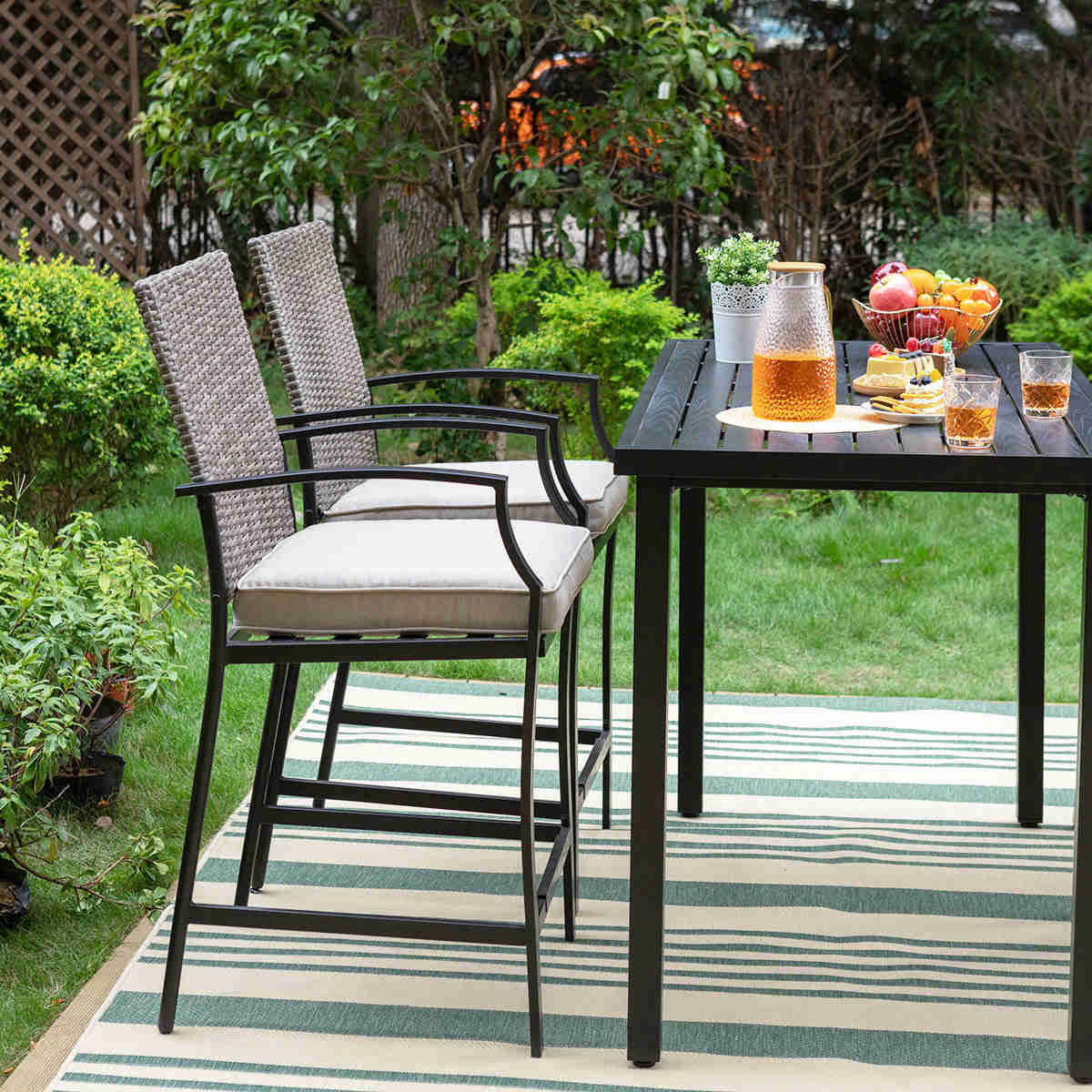 Alfresco Elegance Outdoor Bar Stool Set with Cushioned Seats and Rustic High Table