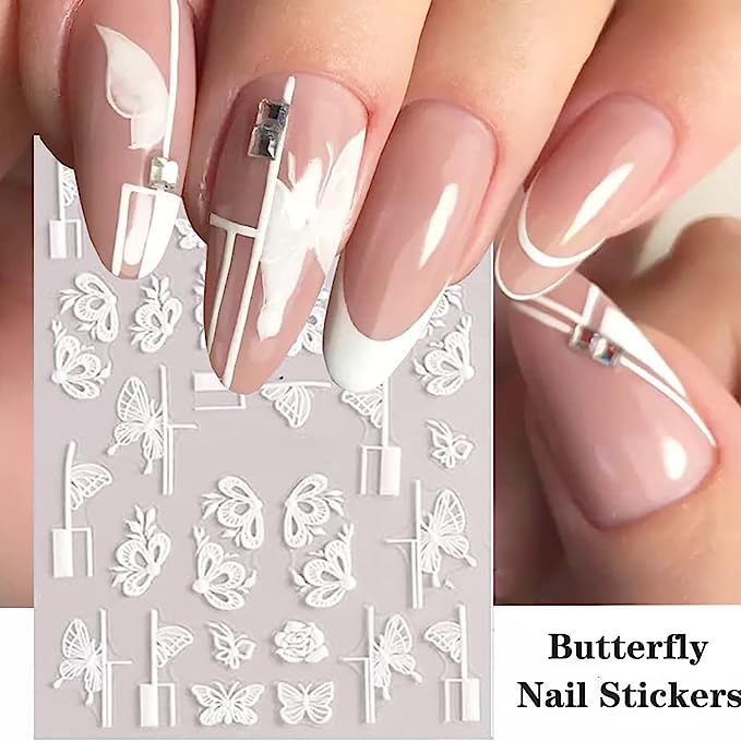 Elegant White Floral Nail Art Stickers, 6Pcs Self-Adhesive for Summer Manicures