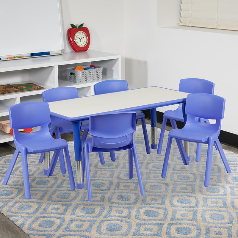 Blue Plastic Height Adjustable Activity Table Set with 6 Chairs for Kids