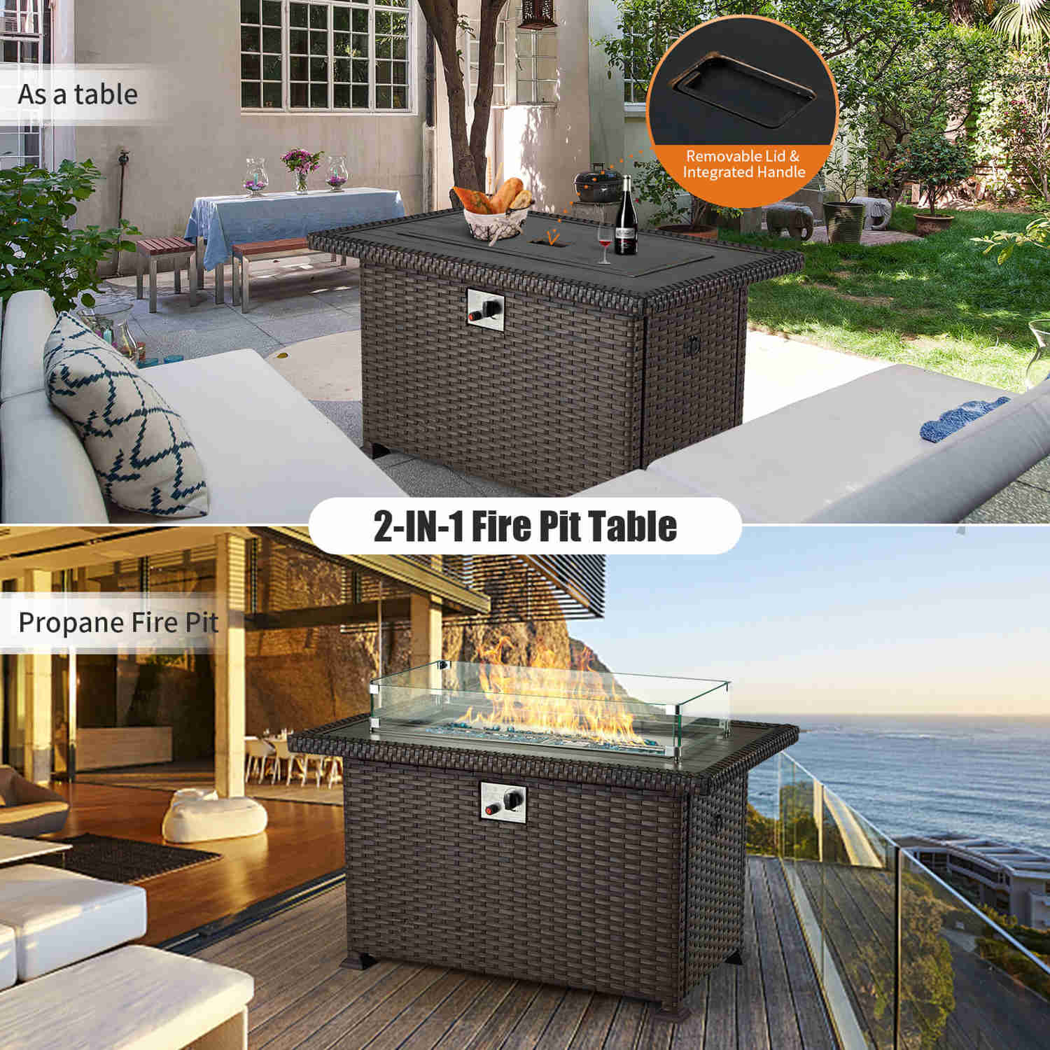 Homrest 44" Outdoor Propane Gas Fire Pit Table with Auto-Ignition, Windguard, and Storage