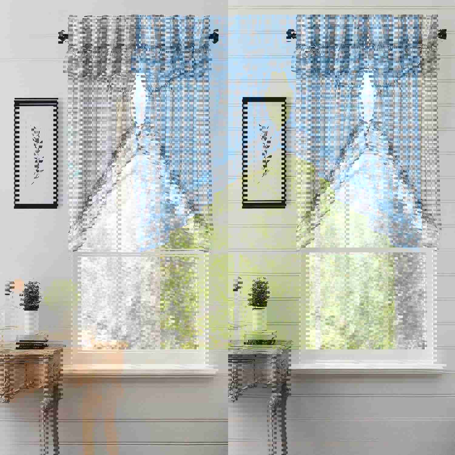 Annie Blue Buffalo Check Ruffled Lined Prairie Swag Curtains Set