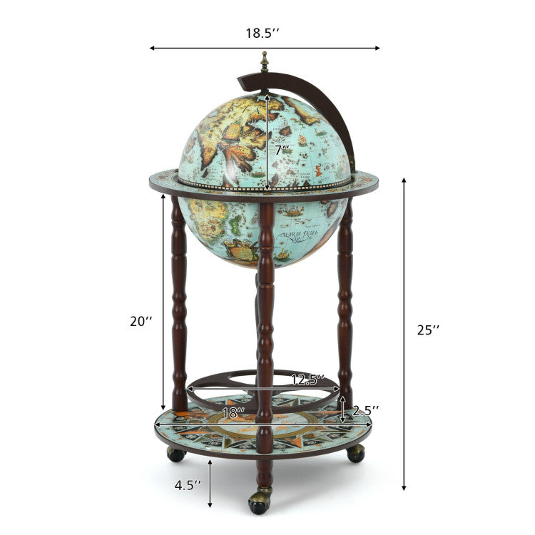 Vintage Globe Wine Bar Cabinet with 16th Century Italian Map and Liquor Bottle Shelf
