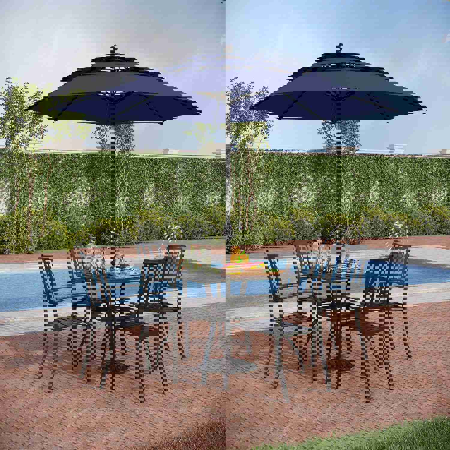 PHI VILLA 6-Piece Outdoor Dining Set with 10ft Umbrella, Steel Square Table, and Steel Fixed Chairs