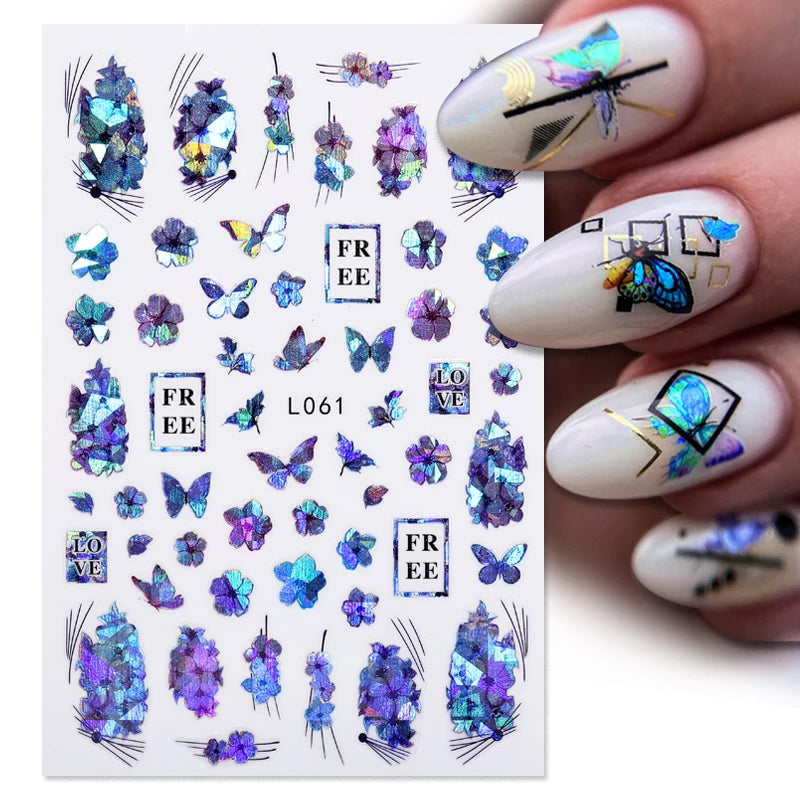 Glamorous 3D Nail Sticker Set, Red Flowers & Colorful Butterfly Leaf Pattern