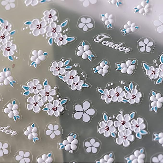 Elegant White Flower Nail Art Stickers, 5D Design for DIY Manicures