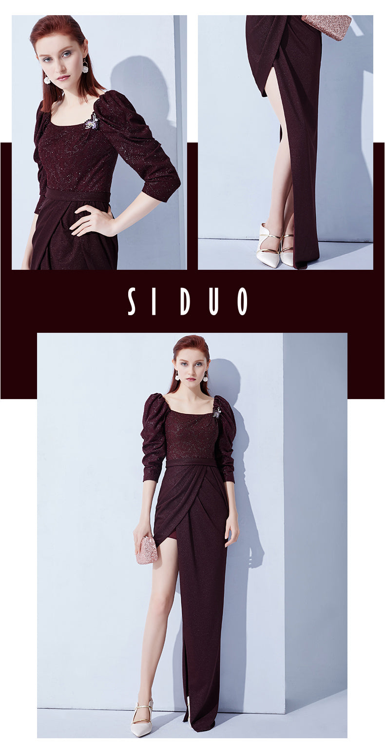 Elegant Vintage Wine Red Slit Evening Dress with Customizable Options