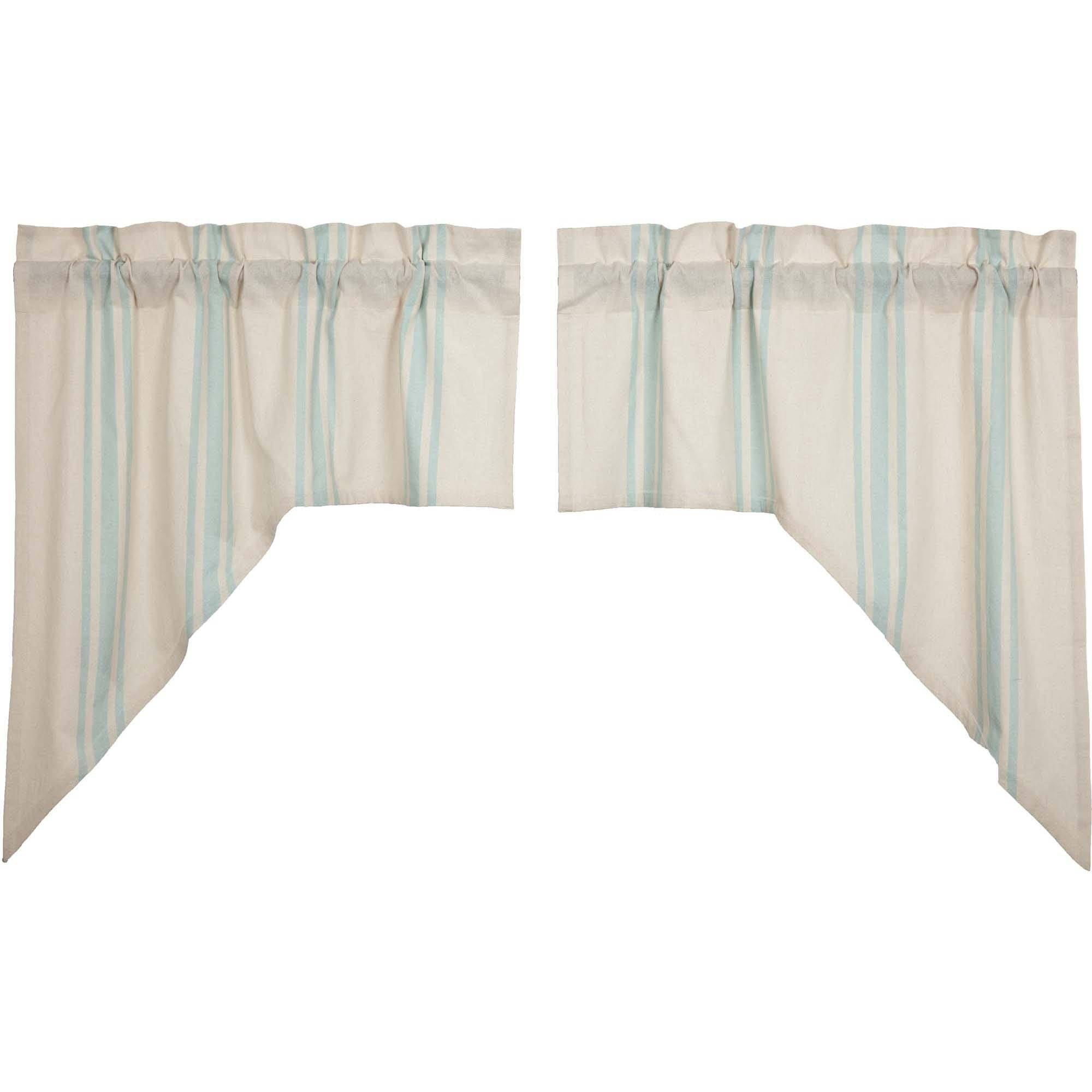 Aqua Striped Cotton Lined Swag Curtains