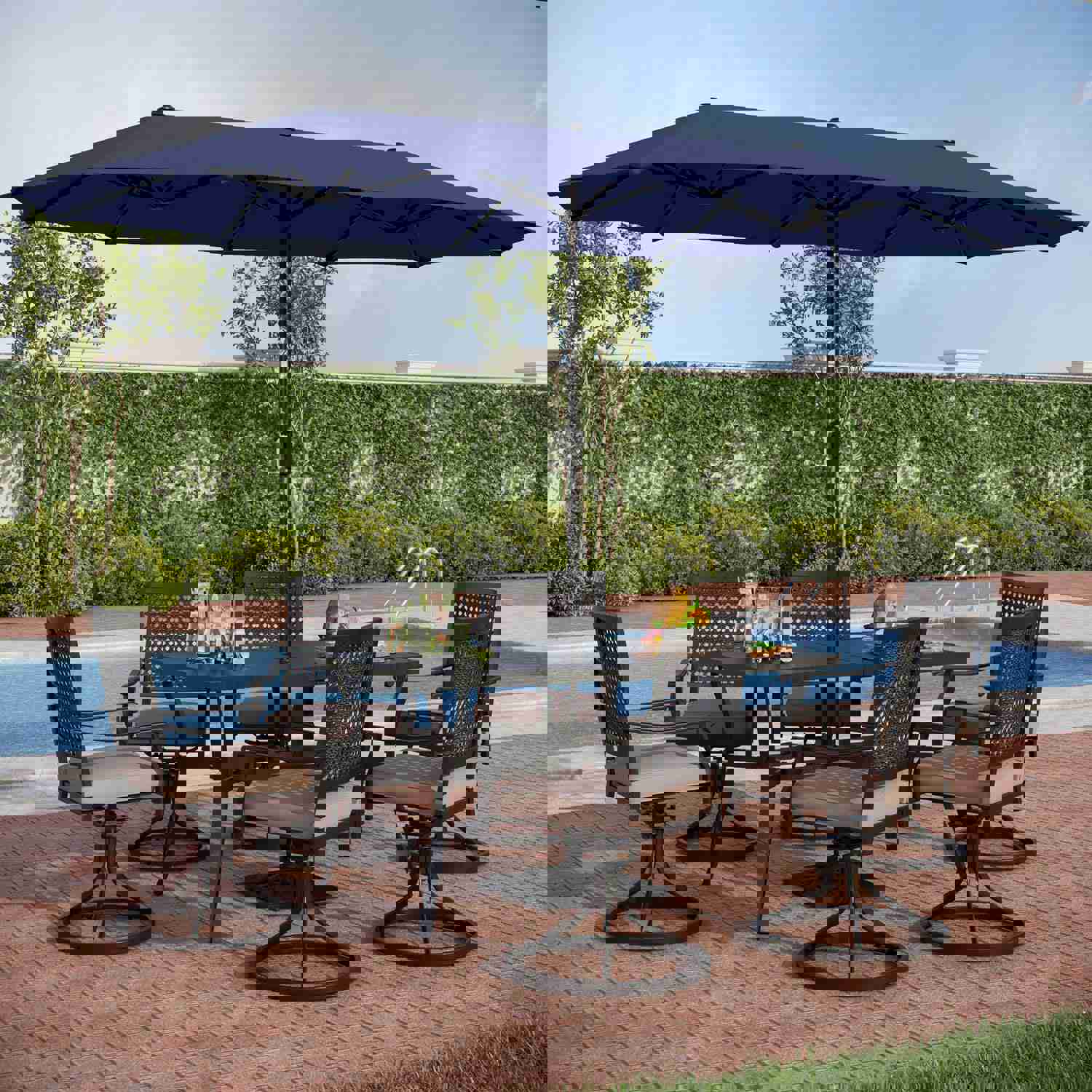PHI VILLA 8-Piece Outdoor Dining Set with 13ft Umbrella, Steel Table & Swivel Chairs