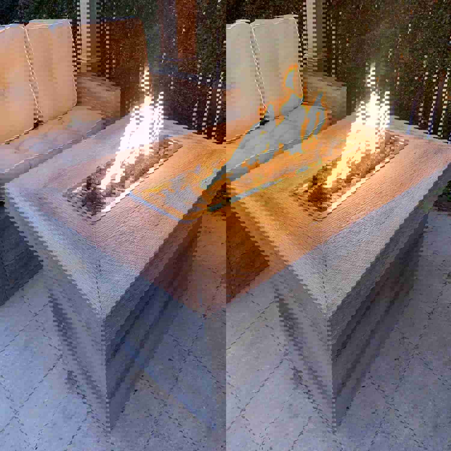 The Outdoor Plus Carson Rectangle 16" Tall Woodgrain Concrete Fire Pit with Cover