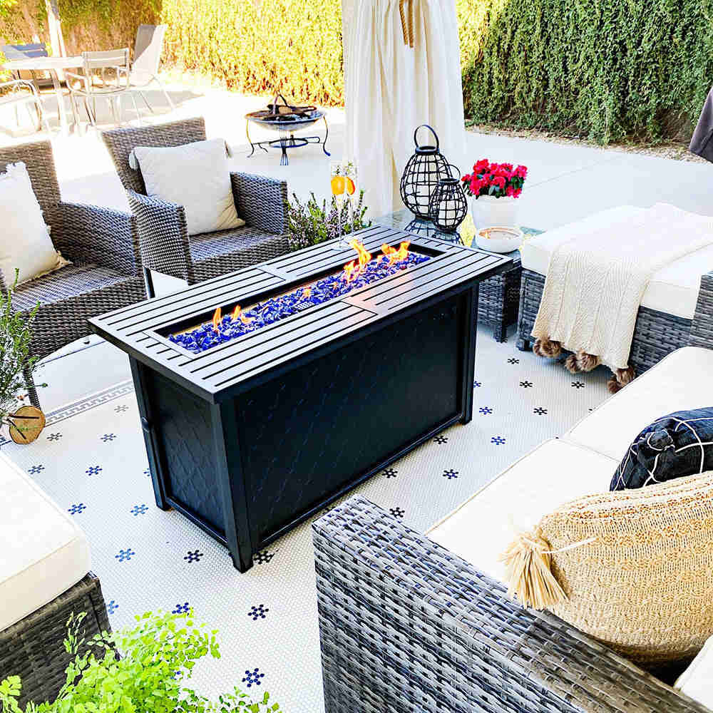 PHI VILLA 50,000 BTU Outdoor Rectangle Metal Gas Fire Pit Table with Blue Glass