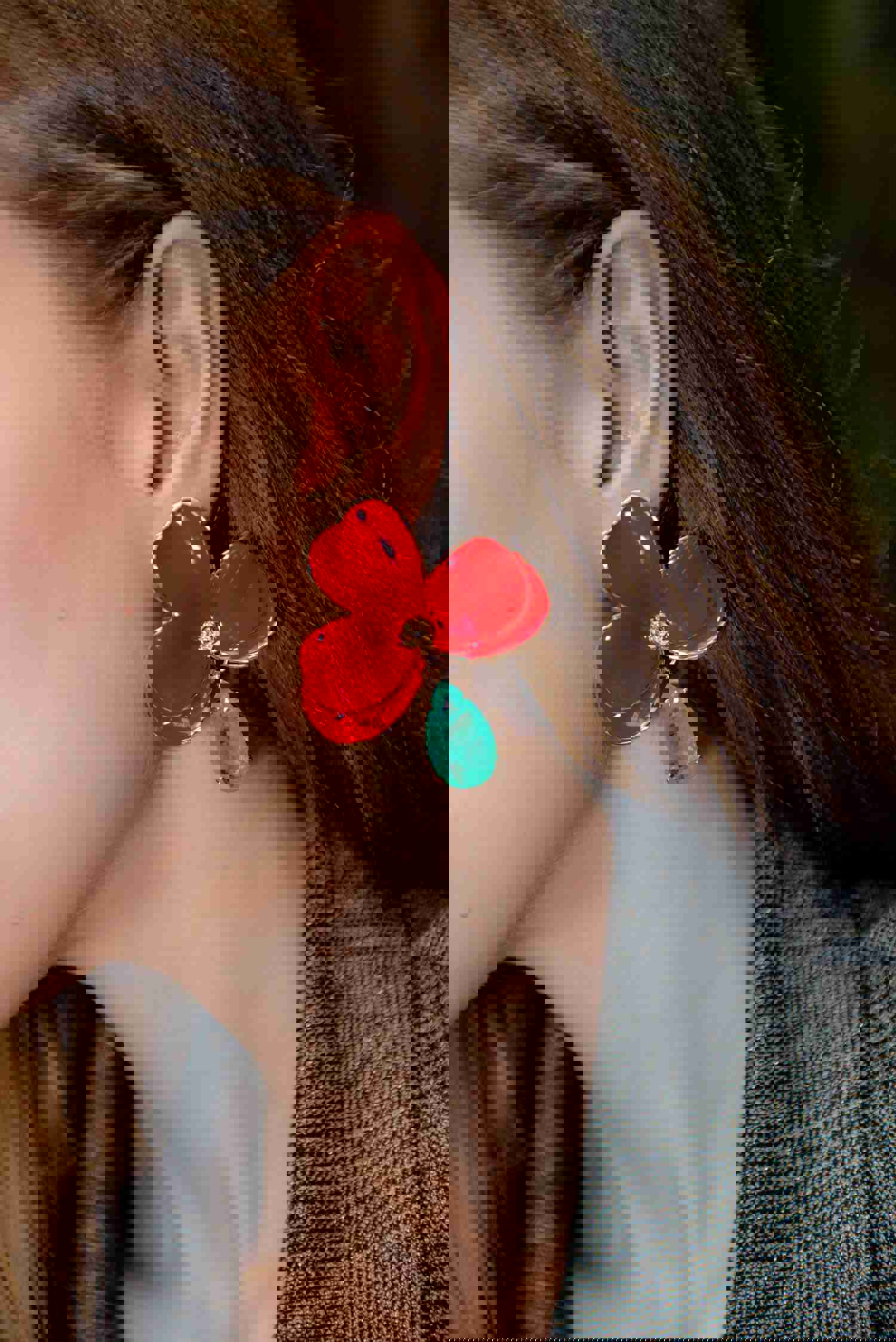 Exquisite 18K Gold-Plated Red Orchid Earrings with Paraiba Tourmaline Drops