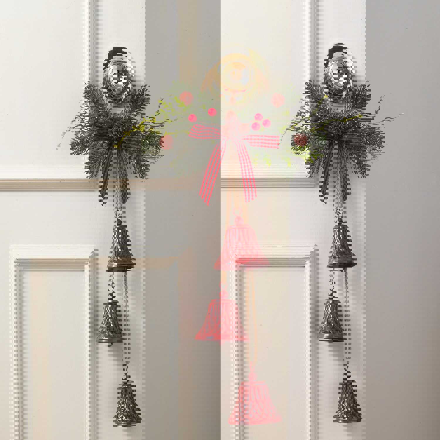 Glittery Christmas Bells Door Hanger Swag with Red Jingle Bells