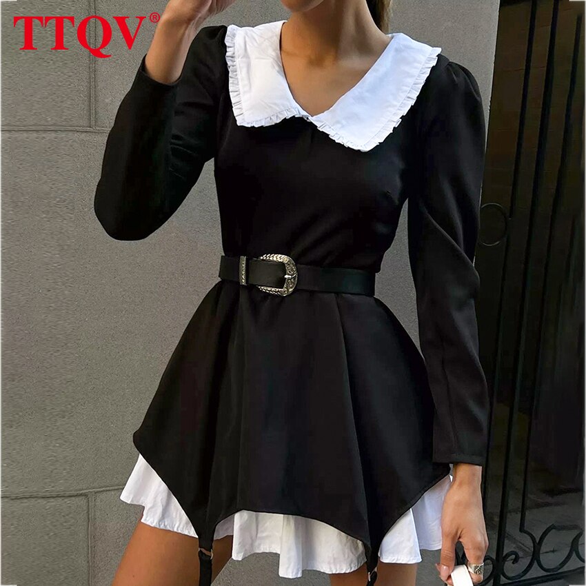 Elegant Ruffled Black Women's Autumn Dress 2022
