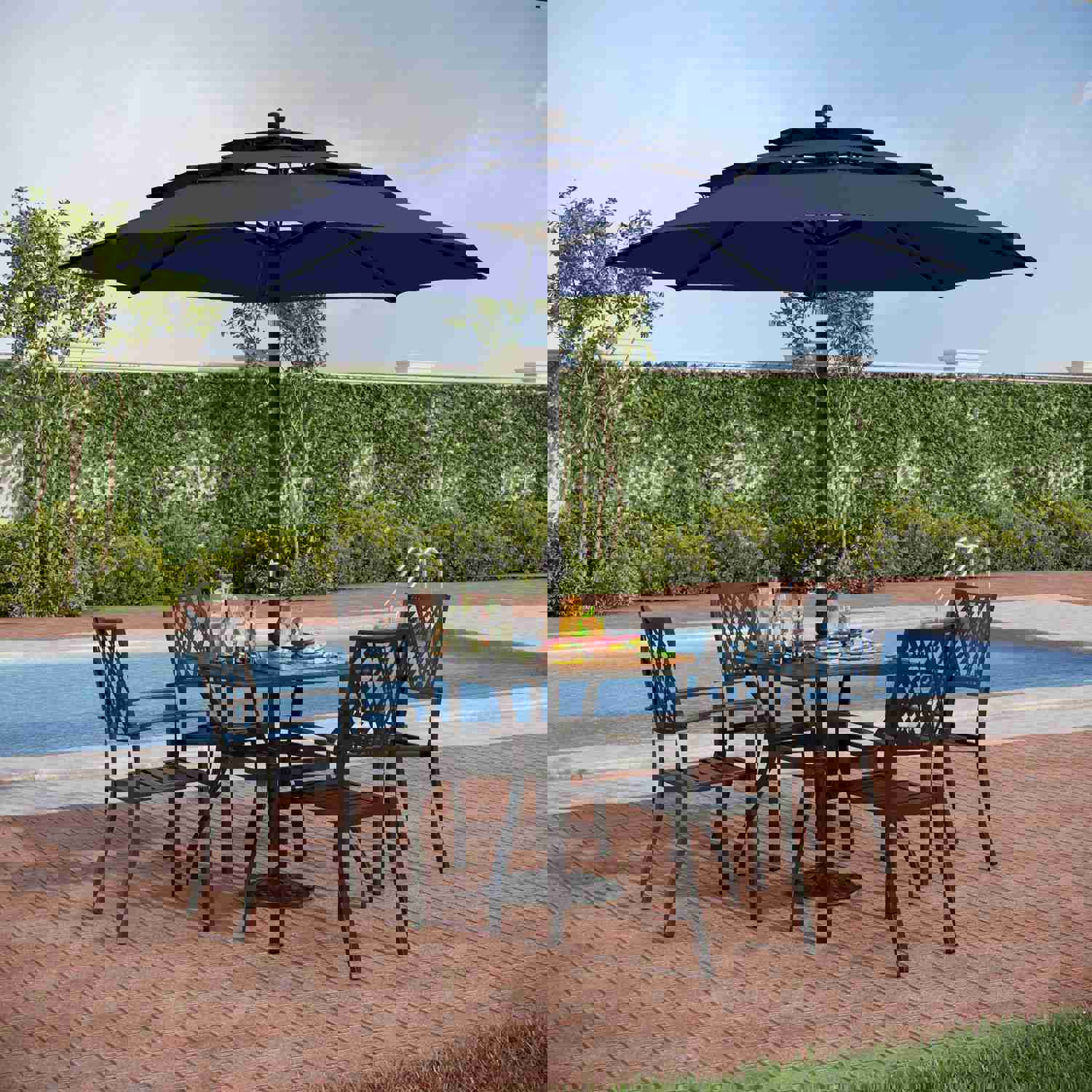PHI VILLA 6-Piece Outdoor Dining Set with 10ft Umbrella, Steel Square Table, and Steel Fixed Chairs