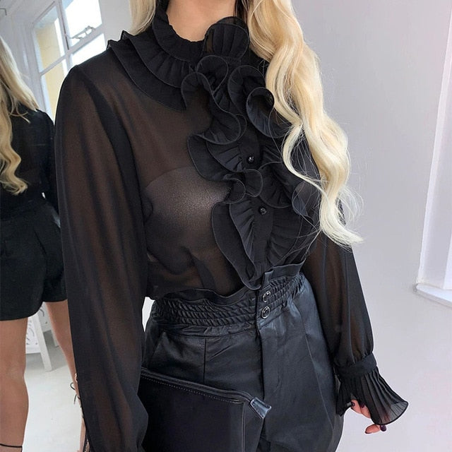 Elegant Ruffled Long Flare Sleeve Blouse with See-Through Buttons