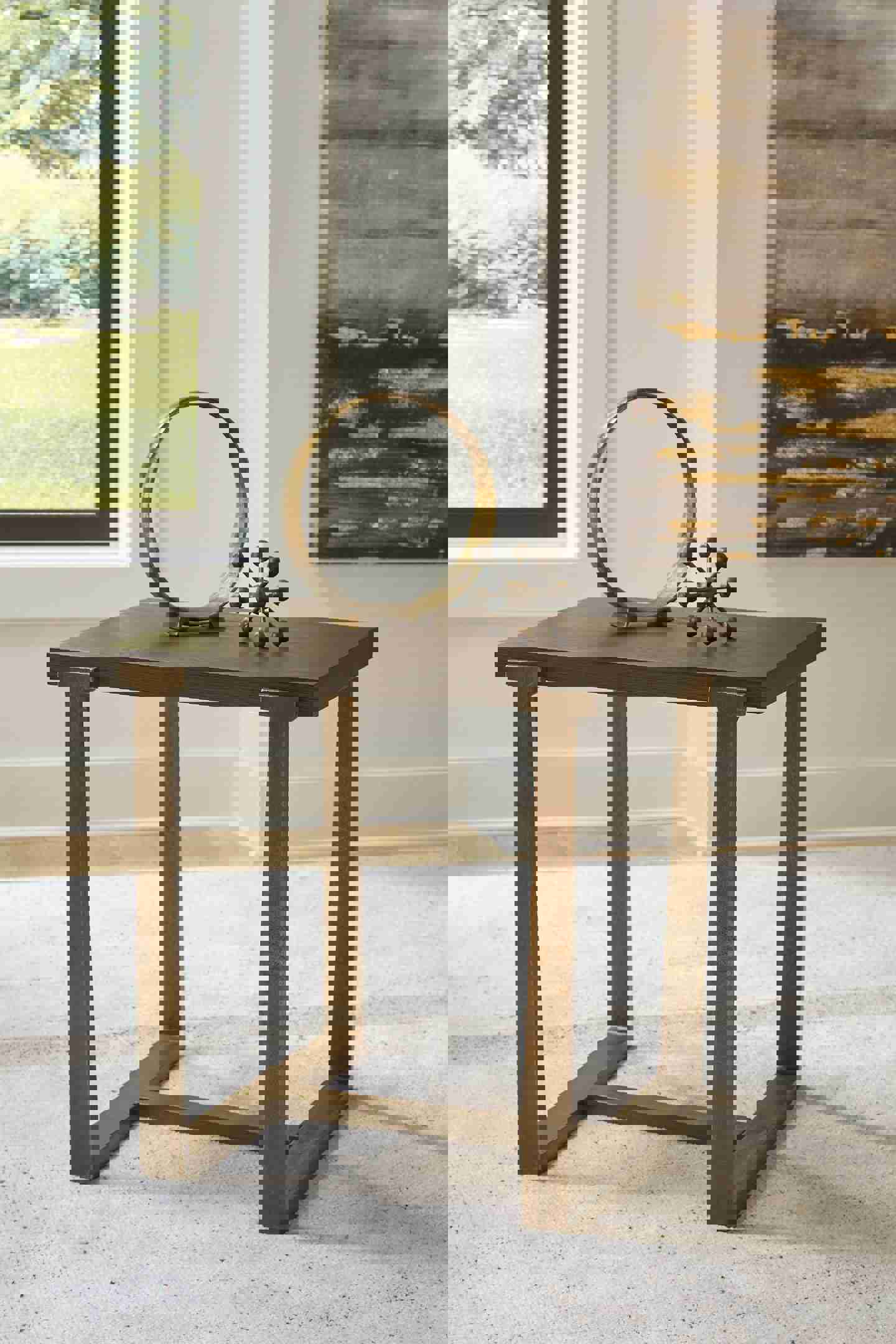 Modern Oak Veneer and Metal End Table