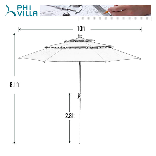PHI VILLA 6-Piece Outdoor Dining Set with 10ft Umbrella, Steel Square Table, and Steel Fixed Chairs