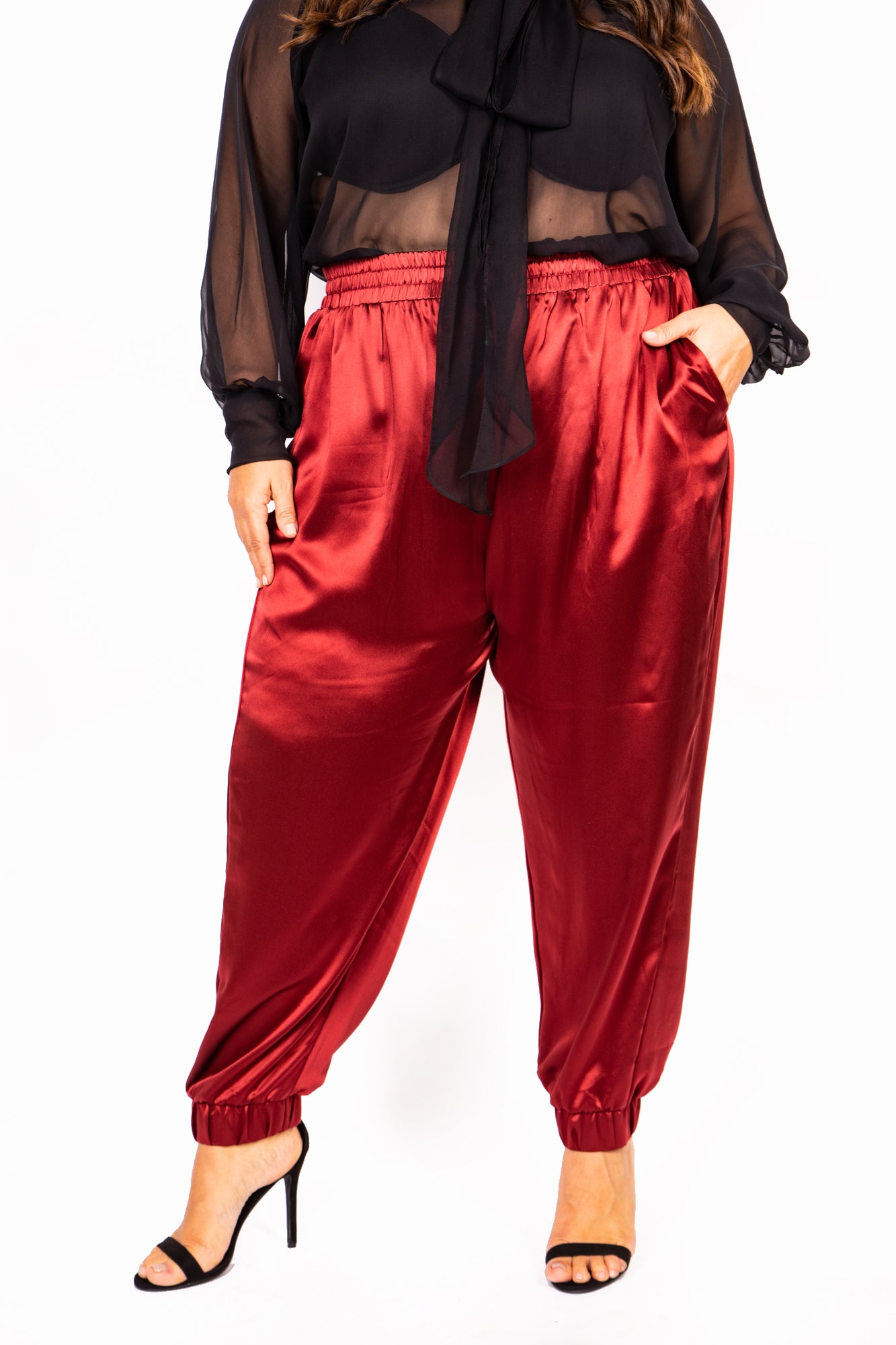 Elegant Italian Silk High-Waist Jogger Pants in Wine