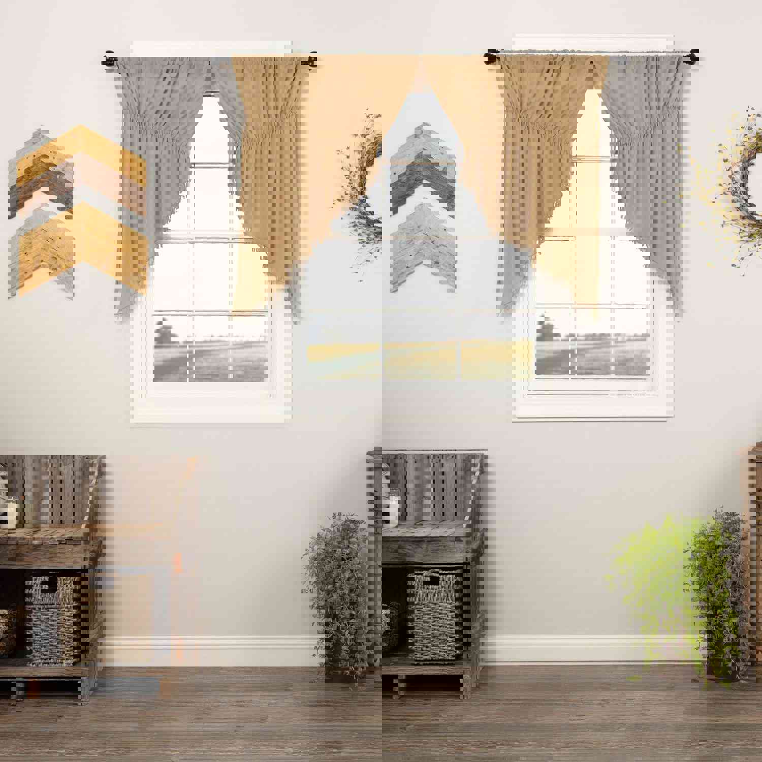 Elegant Tobacco Cloth Swag Curtains with Fringed Detail
