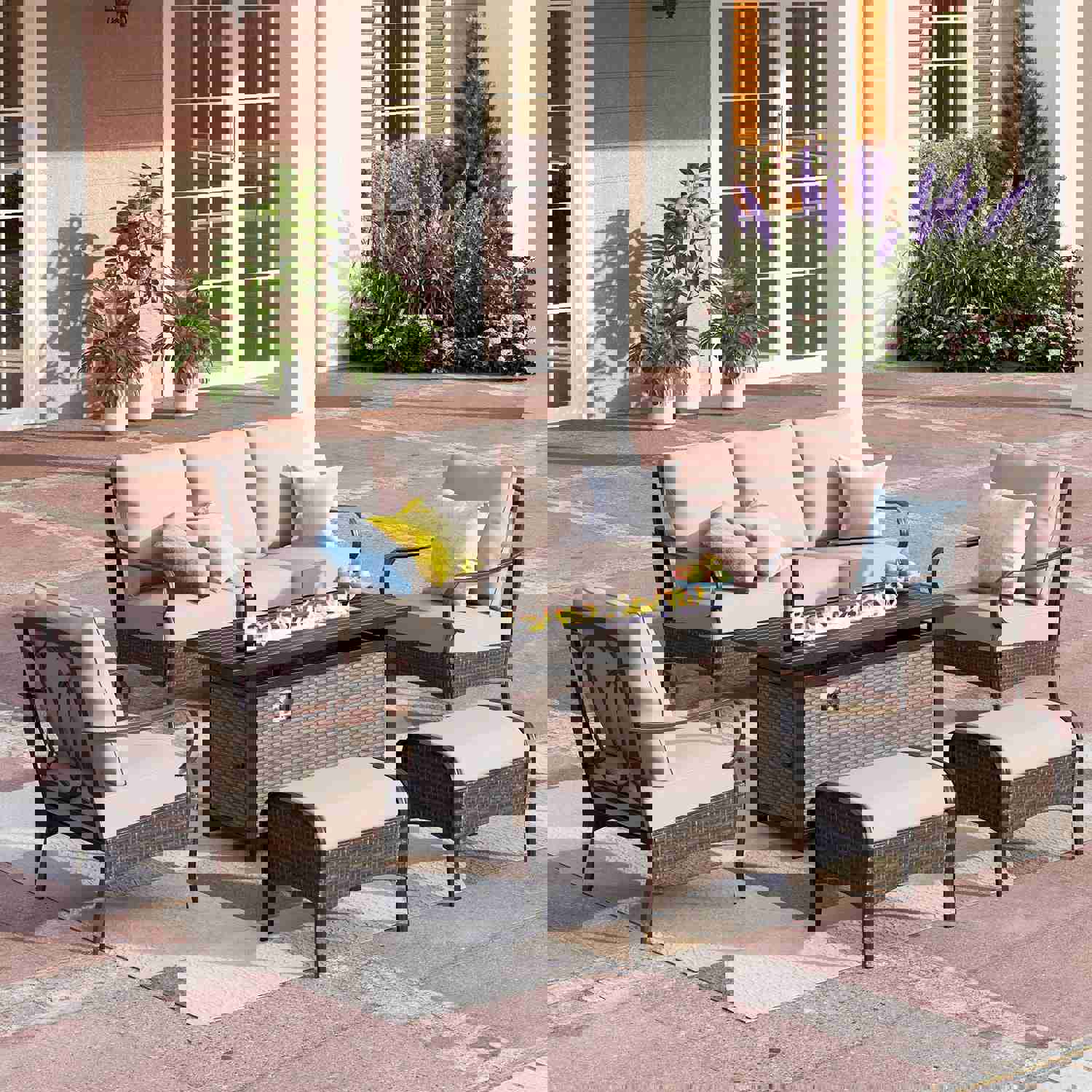 Phi Villa 7-Piece Outdoor Rattan Sofa Set with Fire Pit